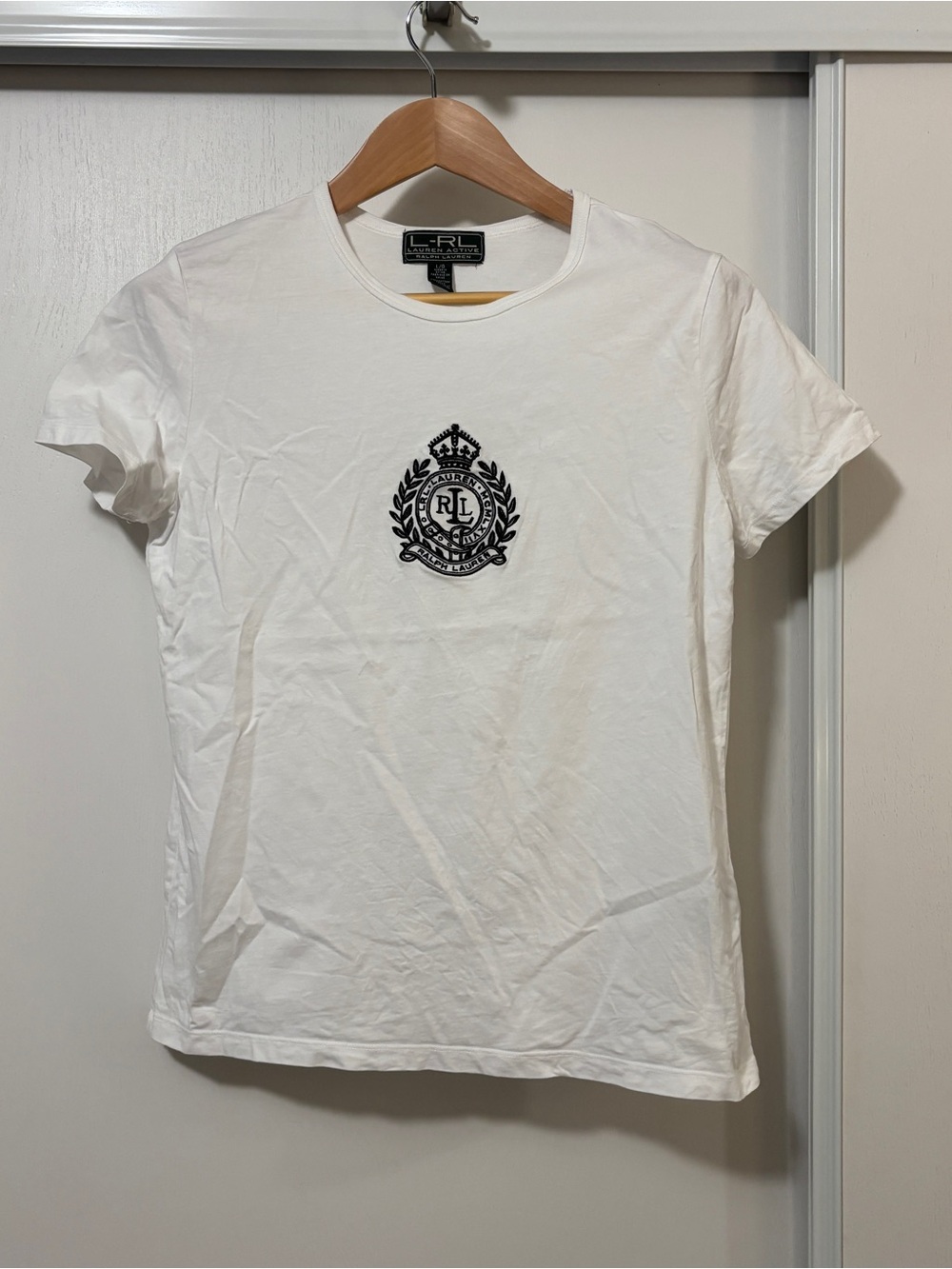 Ralph Lauren Womens White Crewneck Tee Size L Black Crest Logo Embroidery Preppy